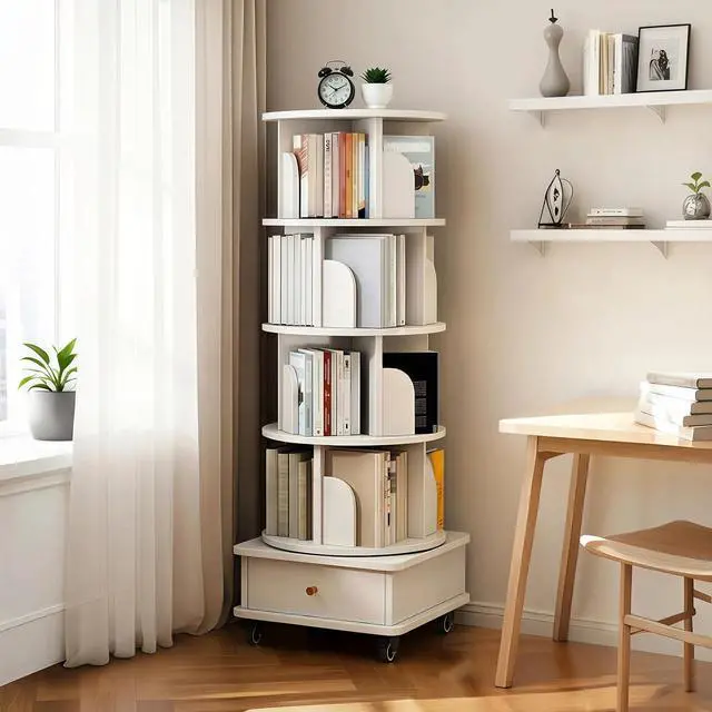 Main image of 4 Tier Corner Bookshelf with Drawer, 360° Rotating Tall Bookcase with Side Panels, Movable Round Display Shelf with Wheel, Storage Tower Rack for Bedroom, Living Room, Small Space, Office, White