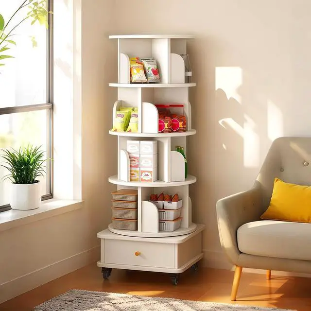 Alt view image 3 of 7 - 4 Tier Corner Bookshelf with Drawer, 360° Rotating Tall Bookcase with Side Panels, Movable Round Display Shelf with Wheel, Storage Tower Rack for Bedroom, Living Room, Small Space, Office, White