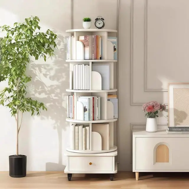 Alt view image 2 of 7 - 4 Tier Corner Bookshelf with Drawer, 360° Rotating Tall Bookcase with Side Panels, Movable Round Display Shelf with Wheel, Storage Tower Rack for Bedroom, Living Room, Small Space, Office, White