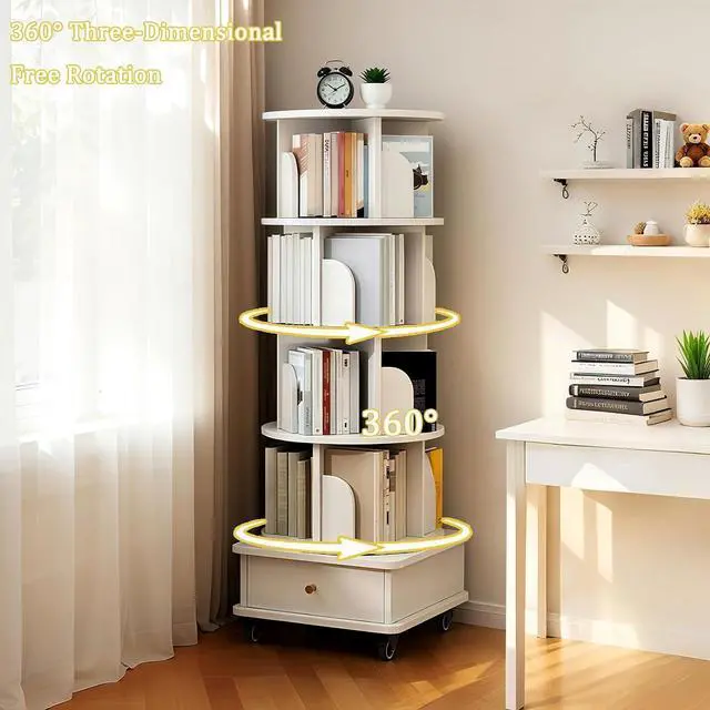 Alt view image 4 of 7 - 4 Tier Corner Bookshelf with Drawer, 360° Rotating Tall Bookcase with Side Panels, Movable Round Display Shelf with Wheel, Storage Tower Rack for Bedroom, Living Room, Small Space, Office, White