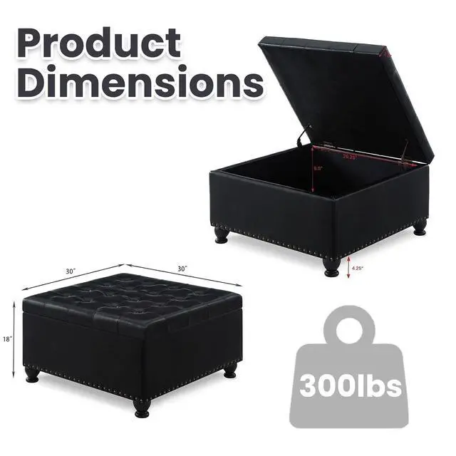 Alt view image 2 of 7 - Large Square Storage Ottoman with Wooden Legs, Button-Tufted Upholstered Coffee Table with Nail Trims for Living Room, Multi-Functional Footrest and Extra Stool