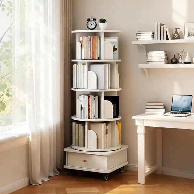 Alt view image 5 of 7 - 4 Tier Corner Bookshelf with Drawer, 360° Rotating Tall Bookcase with Side Panels, Movable Round Display Shelf with Wheel, Storage Tower Rack for Bedroom, Living Room, Small Space, Office, White