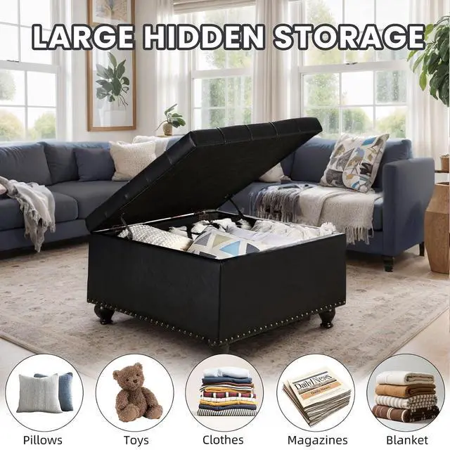 Alt view image 3 of 7 - Large Square Storage Ottoman with Wooden Legs, Button-Tufted Upholstered Coffee Table with Nail Trims for Living Room, Multi-Functional Footrest and Extra Stool