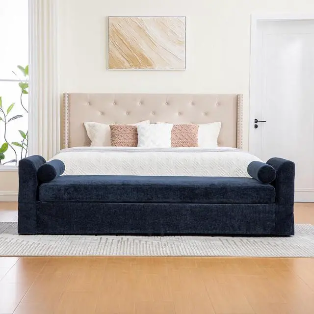 Alt view image 3 of 7 - 88.5" End of Bed Bench with Hidden Foot, Extra Large Couch Ottoman with Armrest, Chenille Upholstered Chaise Lounge with Rolled Pillows, Footstool For Living Room, Entryway, Dormitory, Bedroom, Navy