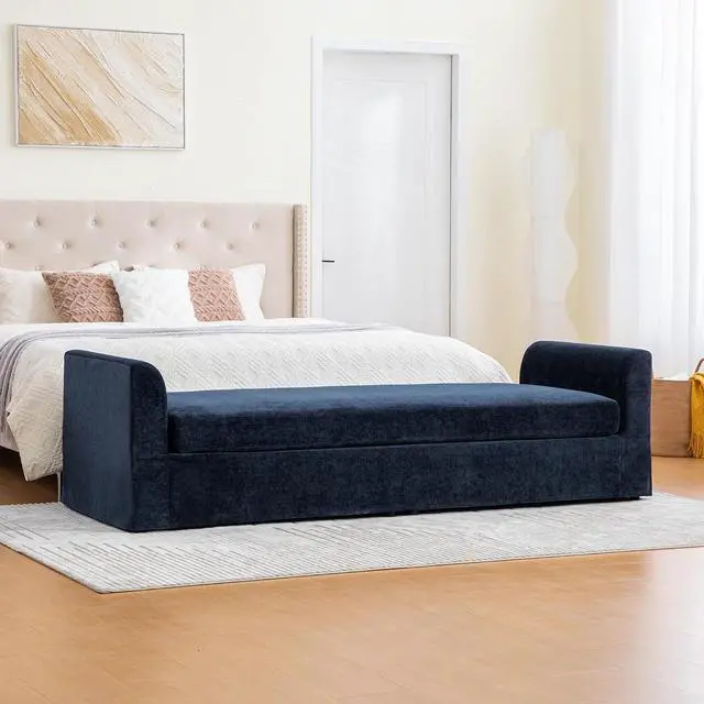 Alt view image 2 of 7 - 88.5" End of Bed Bench with Hidden Foot, Extra Large Couch Ottoman with Armrest, Chenille Upholstered Chaise Lounge with Rolled Pillows, Footstool For Living Room, Entryway, Dormitory, Bedroom, Navy
