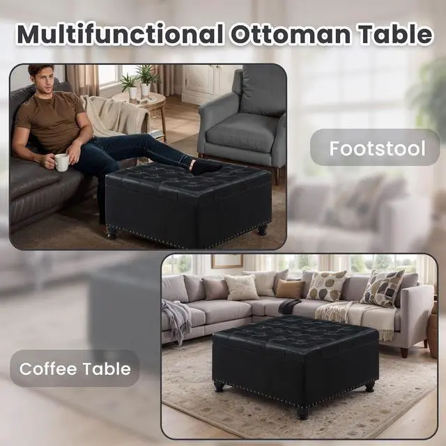Alt view image 4 of 7 - Large Square Storage Ottoman with Wooden Legs, Button-Tufted Upholstered Coffee Table with Nail Trims for Living Room, Multi-Functional Footrest and Extra Stool