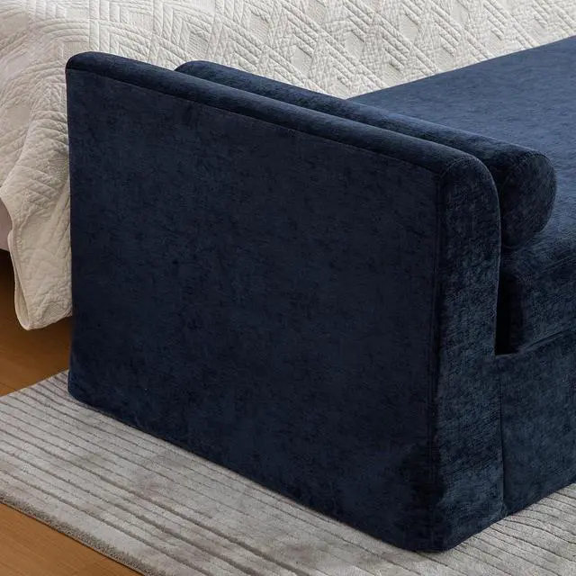 Alt view image 5 of 7 - 88.5" End of Bed Bench with Hidden Foot, Extra Large Couch Ottoman with Armrest, Chenille Upholstered Chaise Lounge with Rolled Pillows, Footstool For Living Room, Entryway, Dormitory, Bedroom, Navy