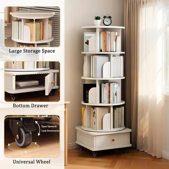 Alt view image 6 of 7 - 4 Tier Corner Bookshelf with Drawer, 360° Rotating Tall Bookcase with Side Panels, Movable Round Display Shelf with Wheel, Storage Tower Rack for Bedroom, Living Room, Small Space, Office, White
