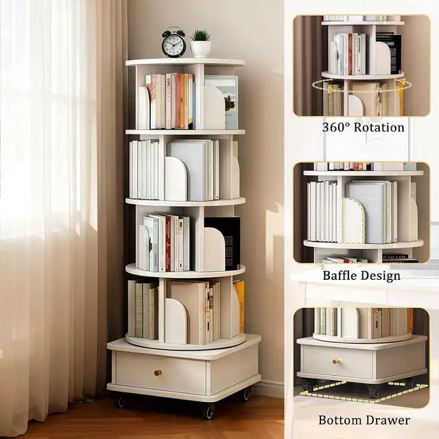 Alt view image 7 of 7 - 4 Tier Corner Bookshelf with Drawer, 360° Rotating Tall Bookcase with Side Panels, Movable Round Display Shelf with Wheel, Storage Tower Rack for Bedroom, Living Room, Small Space, Office, White