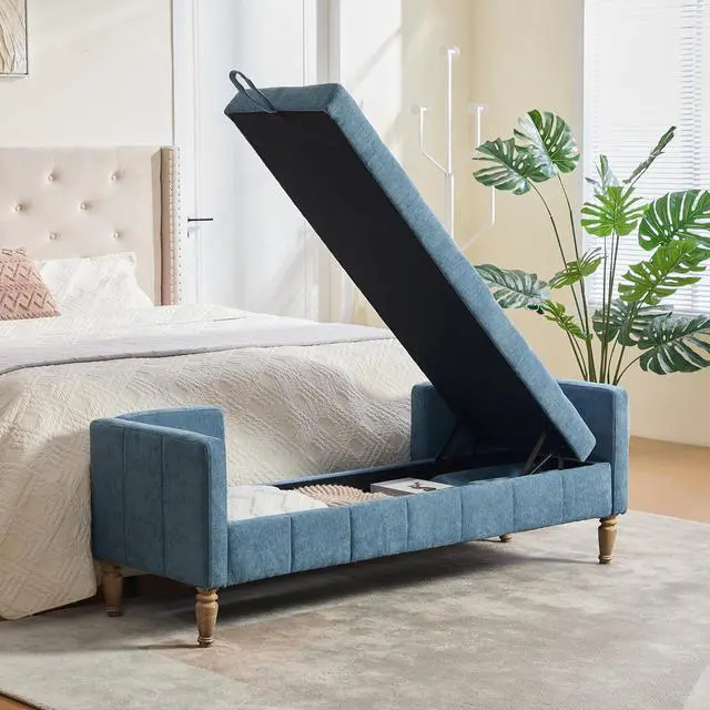 Main image of 64.6"Storage Bench with End Lift Cover, Chenille Upholstered End of Bed Bench, Ottoman with Armrests&Backrest, Footrest with 2 Rolled Pillows,Wood Legs for Living Room, Entryway, Bedroom, Blue