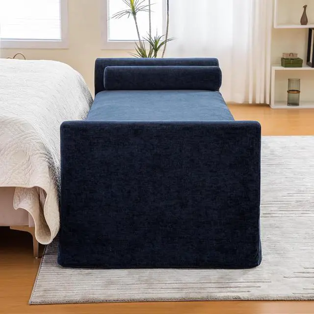Alt view image 4 of 7 - 88.5" End of Bed Bench with Hidden Foot, Extra Large Couch Ottoman with Armrest, Chenille Upholstered Chaise Lounge with Rolled Pillows, Footstool For Living Room, Entryway, Dormitory, Bedroom, Navy