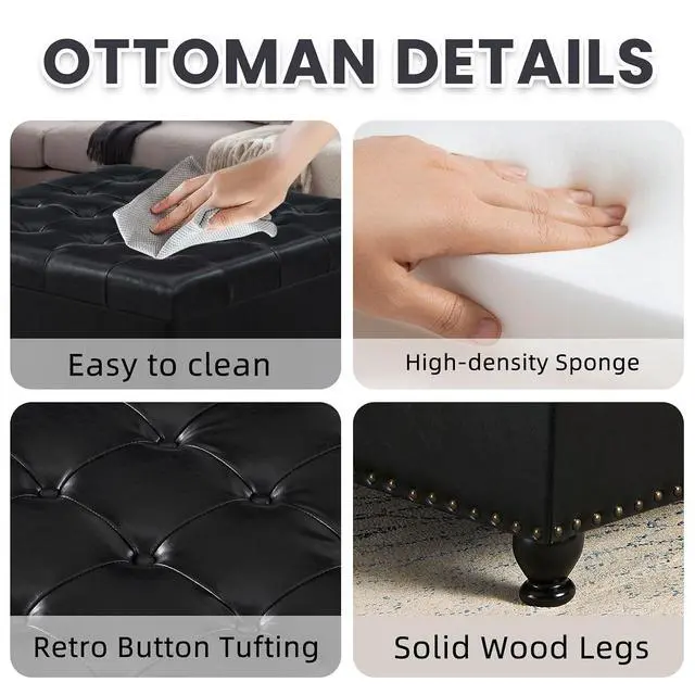 Alt view image 6 of 7 - Large Square Storage Ottoman with Wooden Legs, Button-Tufted Upholstered Coffee Table with Nail Trims for Living Room, Multi-Functional Footrest and Extra Stool