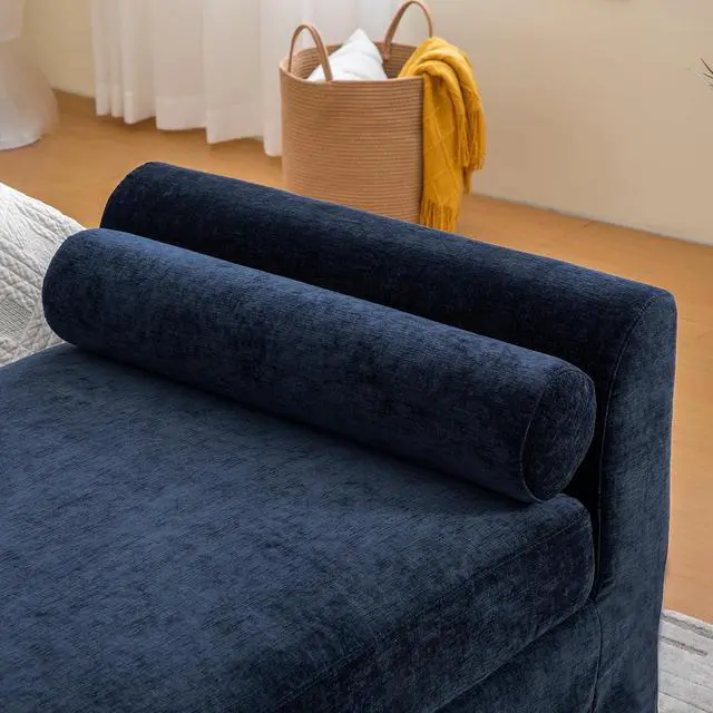 Alt view image 6 of 7 - 88.5" End of Bed Bench with Hidden Foot, Extra Large Couch Ottoman with Armrest, Chenille Upholstered Chaise Lounge with Rolled Pillows, Footstool For Living Room, Entryway, Dormitory, Bedroom, Navy