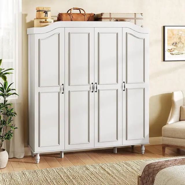 Alt view image 6 of 7 - 71" H Arched Armoire Wardrobe Closet with 4 Doors, Wooden, White | Large Capacity Wardrobe Cabinet with 2 Hanging Rods and 8 Shelves,Freestanding Armoire Storage Cabinet for Bedroom,Cloak Room