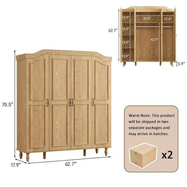 Alt view image 2 of 7 - 71" H Arched Armoire Wardrobe Closet with 4 Doors, Wooden, Natural | Large Capacity Wardrobe Cabinet with 2 Hanging Rods and 9 Shelves,Freestanding Armoire Storage Cabinet for Bedroom,Cloak Room