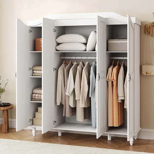 Alt view image 7 of 7 - 71" H Arched Armoire Wardrobe Closet with 4 Doors, Wooden, White | Large Capacity Wardrobe Cabinet with 2 Hanging Rods and 8 Shelves,Freestanding Armoire Storage Cabinet for Bedroom,Cloak Room