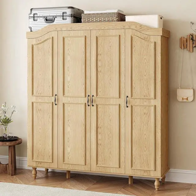 Main image of 71" H Arched Armoire Wardrobe Closet with 4 Doors, Wooden, Natural | Large Capacity Wardrobe Cabinet with 2 Hanging Rods and 9 Shelves,Freestanding Armoire Storage Cabinet for Bedroom,Cloak Room