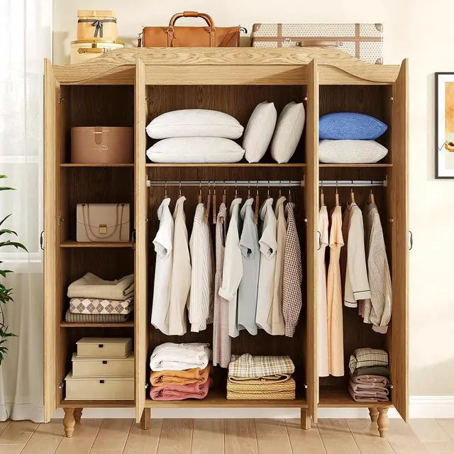 Alt view image 4 of 7 - 71" H Arched Armoire Wardrobe Closet with 4 Doors, Wooden, Natural | Large Capacity Wardrobe Cabinet with 2 Hanging Rods and 9 Shelves,Freestanding Armoire Storage Cabinet for Bedroom,Cloak Room