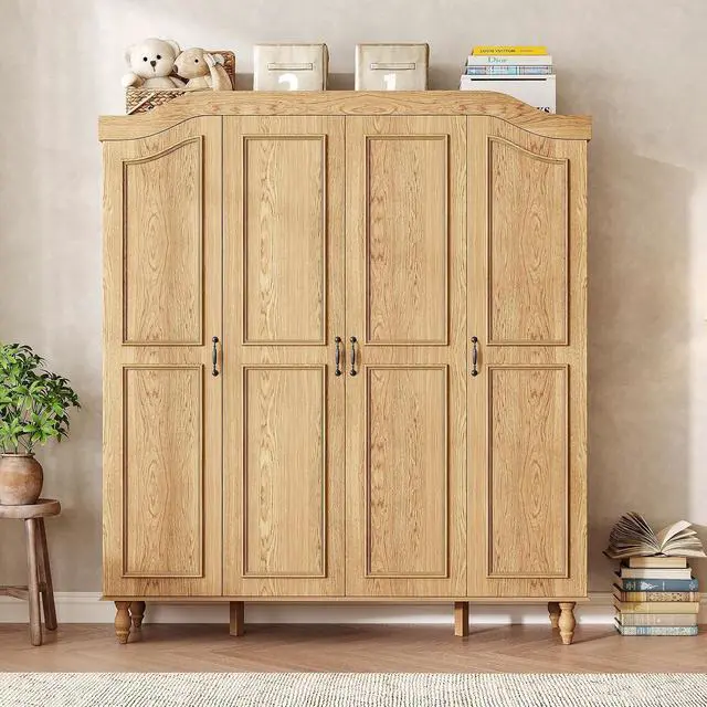 Alt view image 3 of 7 - 71" H Arched Armoire Wardrobe Closet with 4 Doors, Wooden, Natural | Large Capacity Wardrobe Cabinet with 2 Hanging Rods and 9 Shelves,Freestanding Armoire Storage Cabinet for Bedroom,Cloak Room