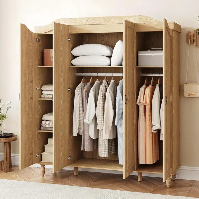 Alt view image 7 of 7 - 71" H Arched Armoire Wardrobe Closet with 4 Doors, Wooden, Natural | Large Capacity Wardrobe Cabinet with 2 Hanging Rods and 9 Shelves,Freestanding Armoire Storage Cabinet for Bedroom,Cloak Room