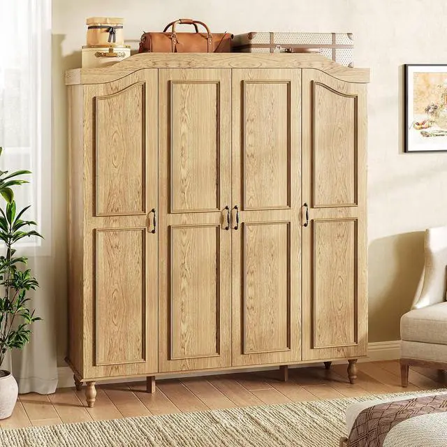 Alt view image 6 of 7 - 71" H Arched Armoire Wardrobe Closet with 4 Doors, Wooden, Natural | Large Capacity Wardrobe Cabinet with 2 Hanging Rods and 9 Shelves,Freestanding Armoire Storage Cabinet for Bedroom,Cloak Room