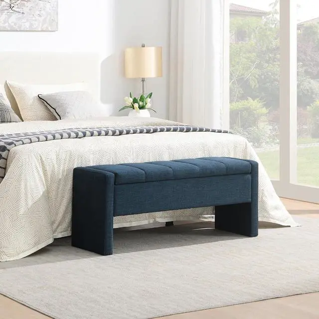 Main image of Modern End of Bed Bench, Linen Upholstered Storage Ottoman, Comfy Window Bench, Large Entryway Footstool, Sofa Side Footrest for Living Room, Bedroom, Dorm, Navy Blue