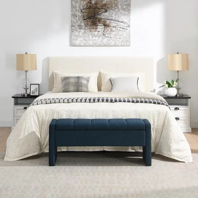 Alt view image 3 of 7 - Modern End of Bed Bench, Linen Upholstered Storage Ottoman, Comfy Window Bench, Large Entryway Footstool, Sofa Side Footrest for Living Room, Bedroom, Dorm, Navy Blue
