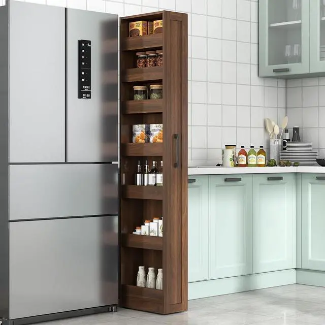 Main image of 7 Tier Slim Storage Cart with Hidden Wheels, Single-sided of Fridge Slim Storage Cart, Pull Out Spice Rack, Narrow Pantry Open Shelf Snack Organizer for Kitchen, Living Room, Small Spaces, Walnut