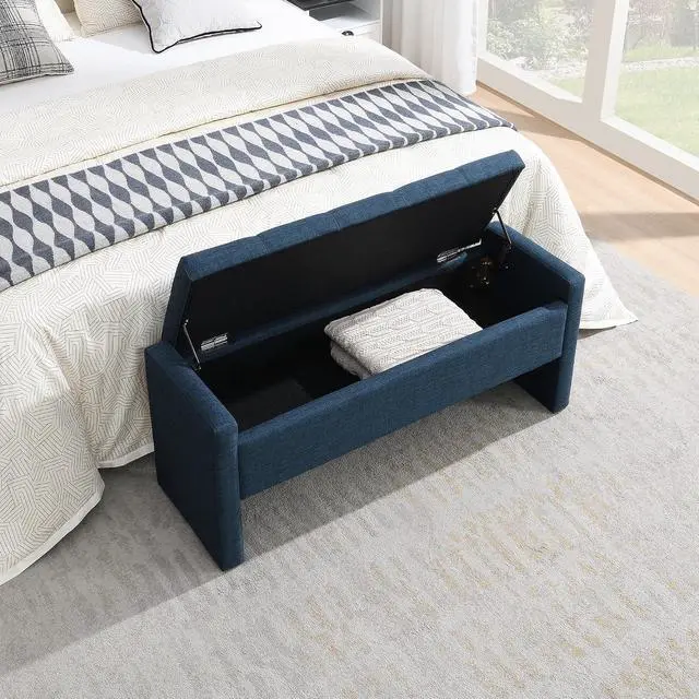 Alt view image 4 of 7 - Modern End of Bed Bench, Linen Upholstered Storage Ottoman, Comfy Window Bench, Large Entryway Footstool, Sofa Side Footrest for Living Room, Bedroom, Dorm, Navy Blue