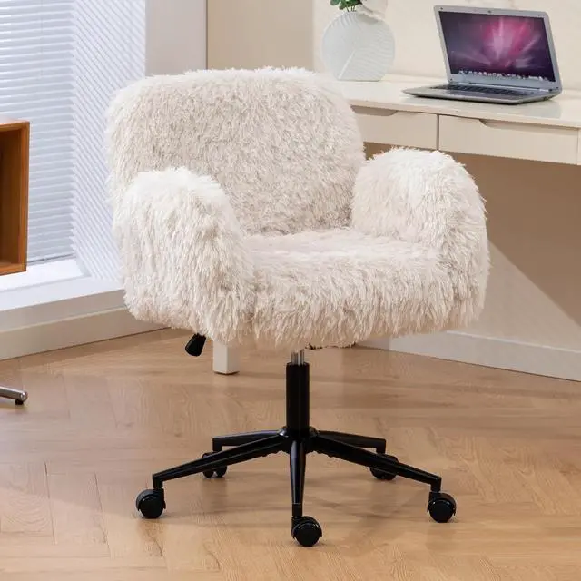 Alt view image 7 of 7 - Criss Cross Legged Office Chair with Adjustable Armrests, Lamb Wool Vanity Chair with Wheels, Swivel Desk Armchair Rolling Stool with Wide Seat for Home Office, Bedroom and Living Room, Beige