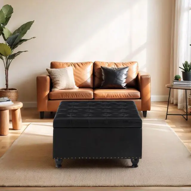 Alt view image 7 of 7 - Large Square Storage Ottoman with Wooden Legs, Button-Tufted Upholstered Coffee Table with Nail Trims for Living Room, Multi-Functional Footrest and Extra Stool