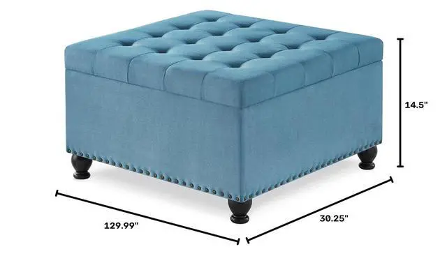 Alt view image 2 of 7 - Large Square Storage Ottoman with Wooden Legs, Button-Tufted Upholstered Coffee Table with Nail Trims for Living Room, Multi-Functional Footrest and Extra Stool