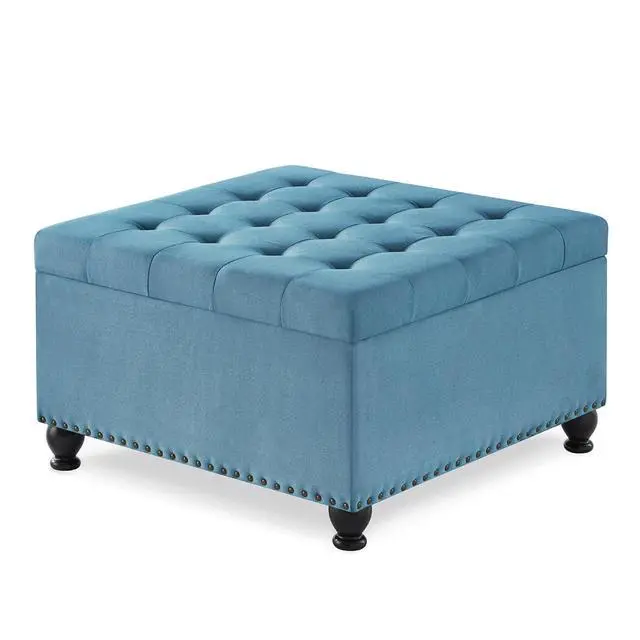 Alt view image 3 of 7 - Large Square Storage Ottoman with Wooden Legs, Button-Tufted Upholstered Coffee Table with Nail Trims for Living Room, Multi-Functional Footrest and Extra Stool