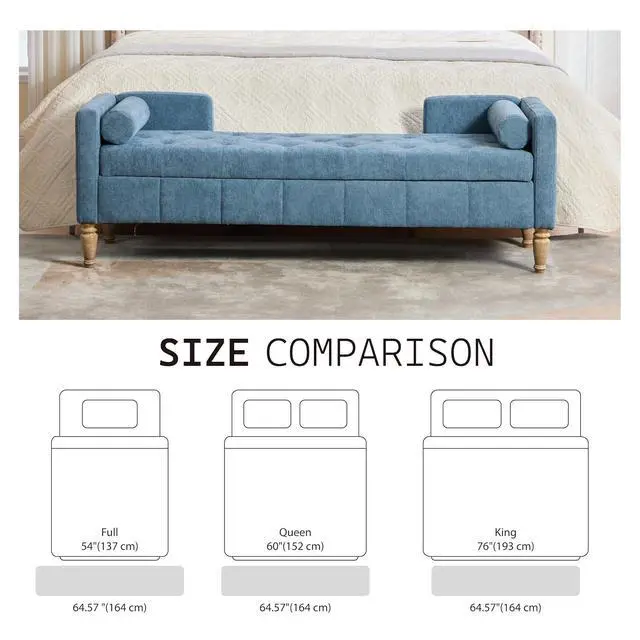 Alt view image 3 of 7 - 64.6"Storage Bench with End Lift Cover, Chenille Upholstered End of Bed Bench, Ottoman with Armrests&Backrest, Footrest with 2 Rolled Pillows,Wood Legs for Living Room, Entryway, Bedroom, Blue