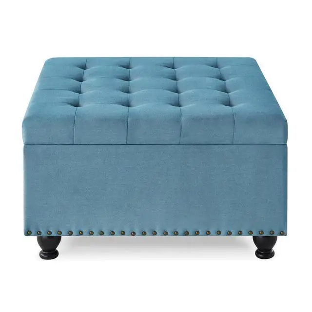 Alt view image 4 of 7 - Large Square Storage Ottoman with Wooden Legs, Button-Tufted Upholstered Coffee Table with Nail Trims for Living Room, Multi-Functional Footrest and Extra Stool