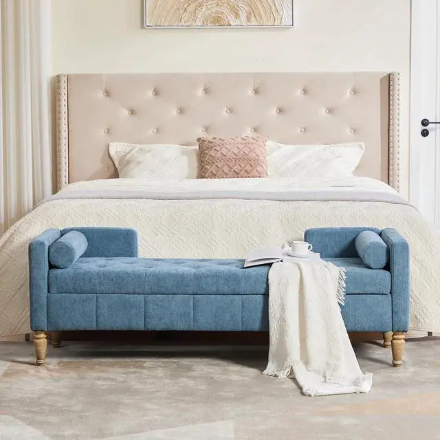 Alt view image 5 of 7 - 64.6"Storage Bench with End Lift Cover, Chenille Upholstered End of Bed Bench, Ottoman with Armrests&Backrest, Footrest with 2 Rolled Pillows,Wood Legs for Living Room, Entryway, Bedroom, Blue