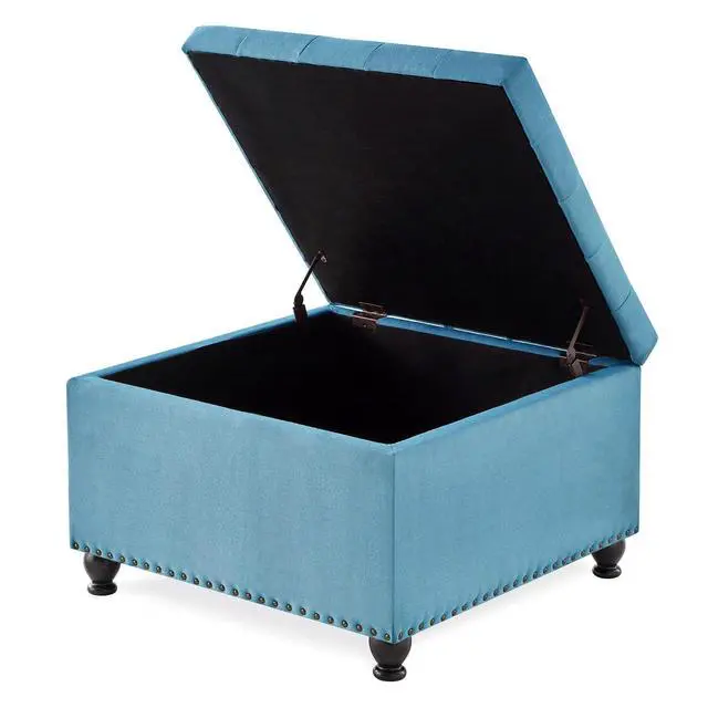 Alt view image 6 of 7 - Large Square Storage Ottoman with Wooden Legs, Button-Tufted Upholstered Coffee Table with Nail Trims for Living Room, Multi-Functional Footrest and Extra Stool