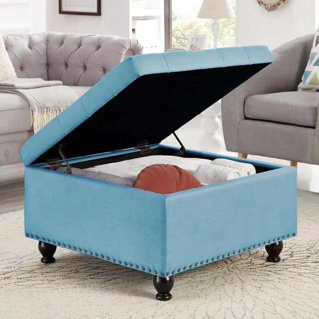 Alt view image 5 of 7 - Large Square Storage Ottoman with Wooden Legs, Button-Tufted Upholstered Coffee Table with Nail Trims for Living Room, Multi-Functional Footrest and Extra Stool