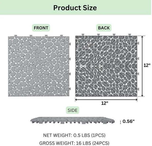 Alt view image 2 of 7 - Plastic Interlocking Cobbled Stone Tile (12PCS) 12" x 12", Plastic Waterproof Outdoor All Weather,Interlocking Drainage Tiles for Patio, Pool Deck, Balcony, Bathroom, Garden (Gray)