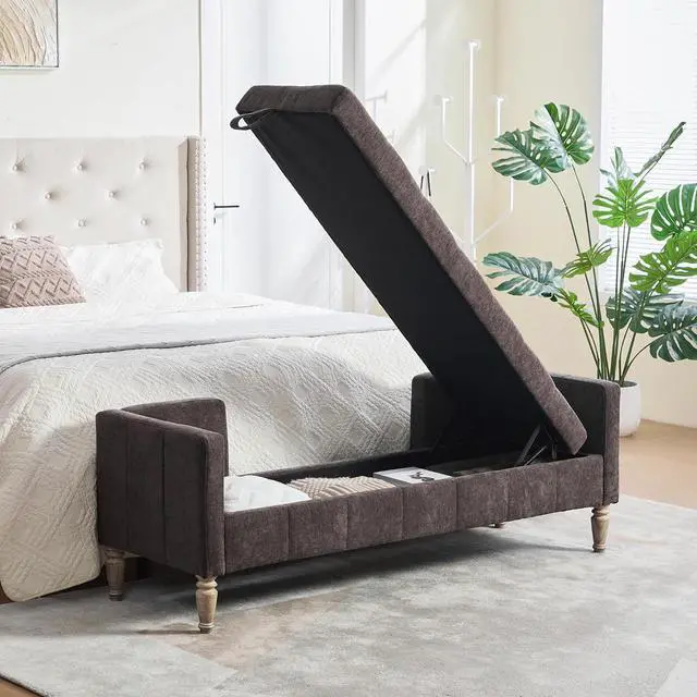 Main image of 64.6"Storage Bench with End Lift Cover, Chenille Upholstered End of Bed Bench, Ottoman with Armrests&Backrest, Footrest with 2 Rolled Pillows,Wood Legs for Living Room, Entryway, Bedroom, Coffee