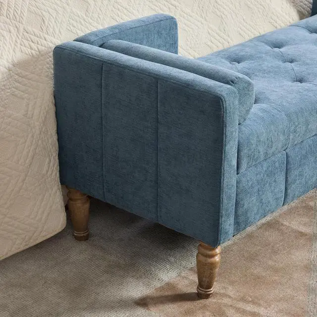Alt view image 6 of 7 - 64.6"Storage Bench with End Lift Cover, Chenille Upholstered End of Bed Bench, Ottoman with Armrests&Backrest, Footrest with 2 Rolled Pillows,Wood Legs for Living Room, Entryway, Bedroom, Blue