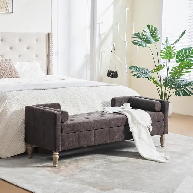 Alt view image 4 of 7 - 64.6"Storage Bench with End Lift Cover, Chenille Upholstered End of Bed Bench, Ottoman with Armrests&Backrest, Footrest with 2 Rolled Pillows,Wood Legs for Living Room, Entryway, Bedroom, Coffee