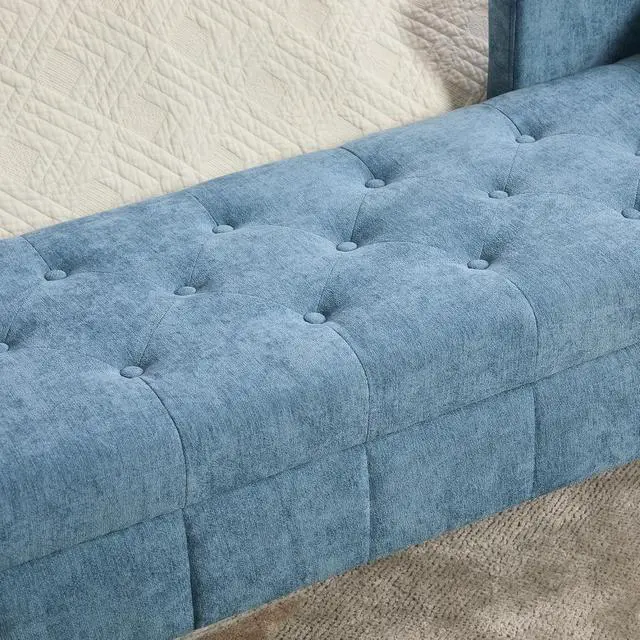 Alt view image 7 of 7 - 64.6"Storage Bench with End Lift Cover, Chenille Upholstered End of Bed Bench, Ottoman with Armrests&Backrest, Footrest with 2 Rolled Pillows,Wood Legs for Living Room, Entryway, Bedroom, Blue