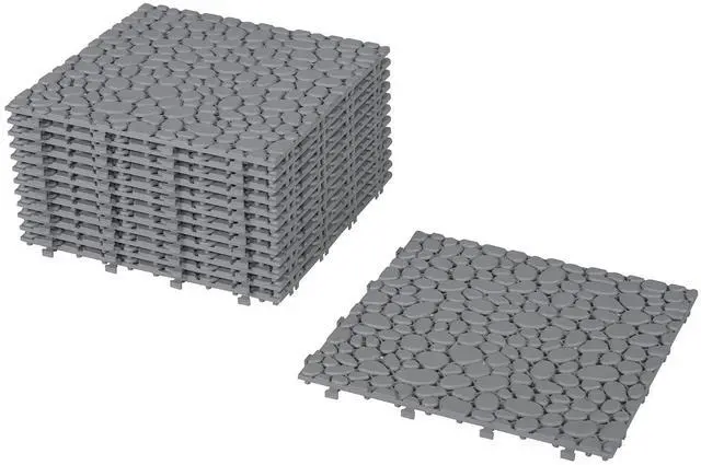 Main image of Plastic Interlocking Cobbled Stone Tile (12PCS) 12" x 12", Plastic Waterproof Outdoor All Weather,Interlocking Drainage Tiles for Patio, Pool Deck, Balcony, Bathroom, Garden (Gray)