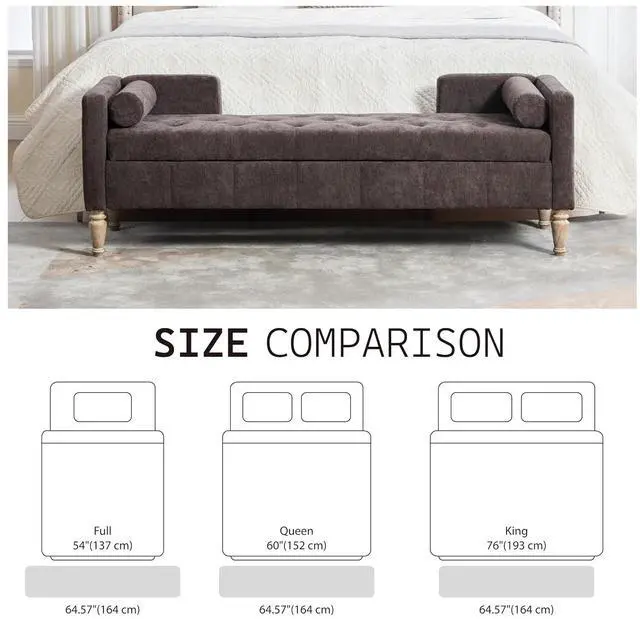 Alt view image 3 of 7 - 64.6"Storage Bench with End Lift Cover, Chenille Upholstered End of Bed Bench, Ottoman with Armrests&Backrest, Footrest with 2 Rolled Pillows,Wood Legs for Living Room, Entryway, Bedroom, Coffee