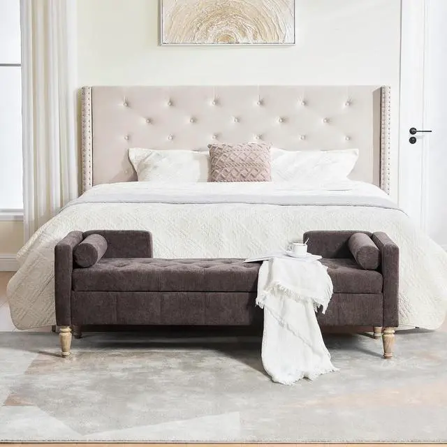 Alt view image 5 of 7 - 64.6"Storage Bench with End Lift Cover, Chenille Upholstered End of Bed Bench, Ottoman with Armrests&Backrest, Footrest with 2 Rolled Pillows,Wood Legs for Living Room, Entryway, Bedroom, Coffee