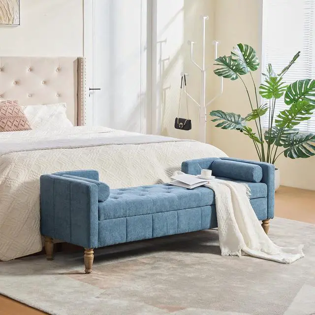 Alt view image 4 of 7 - 64.6"Storage Bench with End Lift Cover, Chenille Upholstered End of Bed Bench, Ottoman with Armrests&Backrest, Footrest with 2 Rolled Pillows,Wood Legs for Living Room, Entryway, Bedroom, Blue