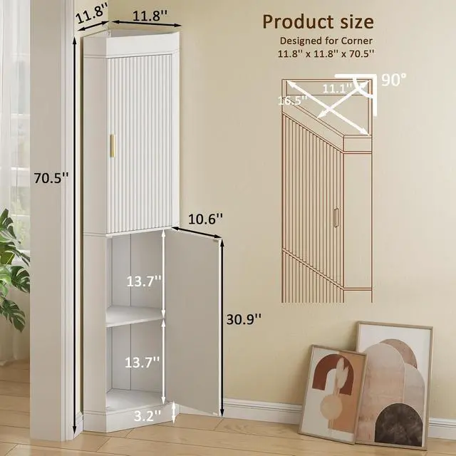 Alt view image 2 of 7 - 70.3" Tall Corner Cabinet with 2 Fluted Doors, White | 4-Tier Corner Storage Cabinet with 2 Adjustable Shelves, Corner Bathroom Cabinet for Living Room, Kitchen, Bathroom