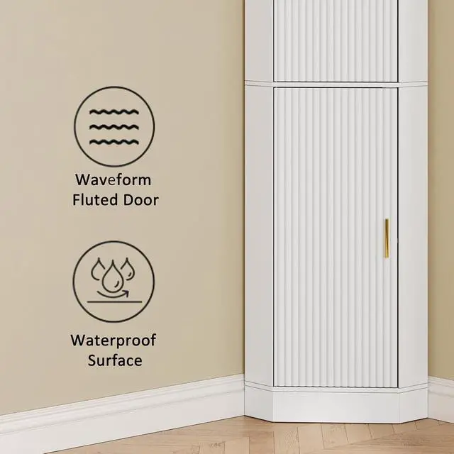 Alt view image 4 of 7 - 70.3" Tall Corner Cabinet with 2 Fluted Doors, White | 4-Tier Corner Storage Cabinet with 2 Adjustable Shelves, Corner Bathroom Cabinet for Living Room, Kitchen, Bathroom