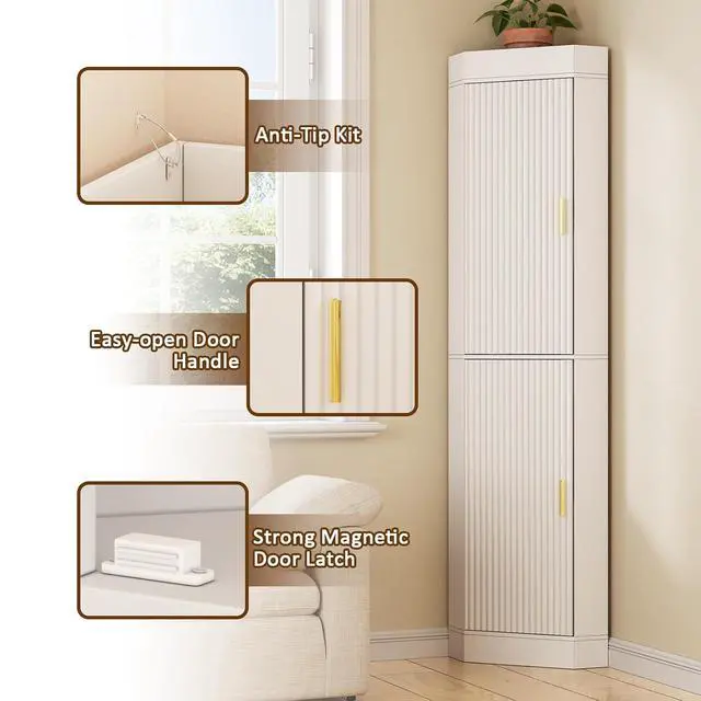 Alt view image 5 of 7 - 70.3" Tall Corner Cabinet with 2 Fluted Doors, White | 4-Tier Corner Storage Cabinet with 2 Adjustable Shelves, Corner Bathroom Cabinet for Living Room, Kitchen, Bathroom